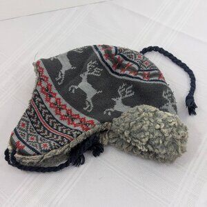 Men's knit Trapper Hat with ear flaps - Nordic grey, black and red design